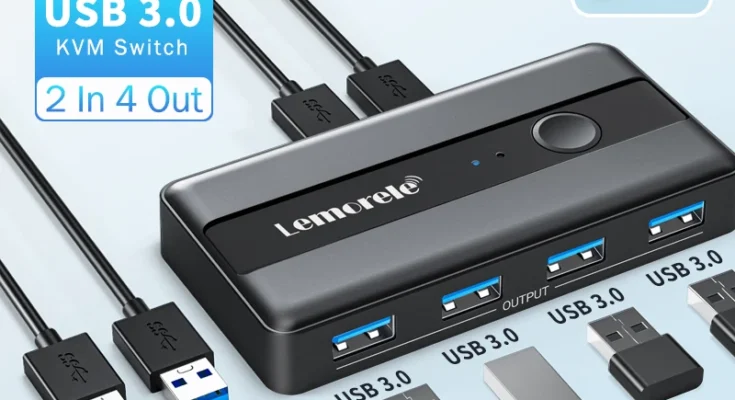 Lemorele USB KVM 스위치 어댑터, USB 3.0 스위처, 컴퓨터 키보드용 프린터 공유기, 2 입력 4 출력